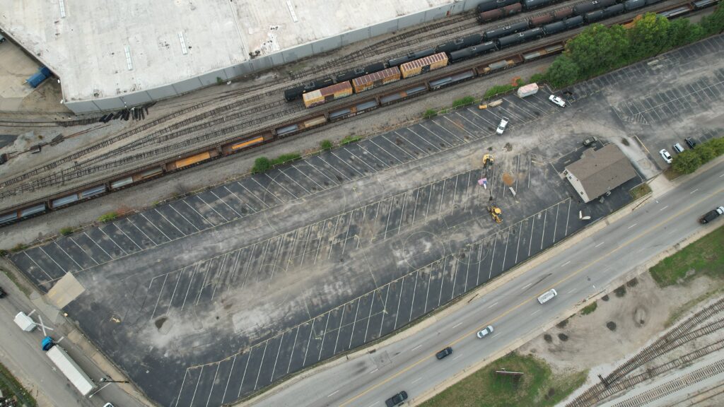 Aerial view of the planned Hamilton RNG  food waster digester site next to train yard. 